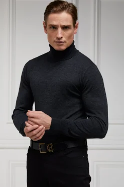 Holland Cooper Gifts For Him|Knitwear-Fine Roll Neck Knit Charcoal