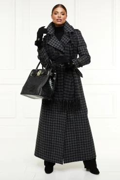 Holland Cooper Gifts For Her|Trench Coats-Full Length Chelsea Trench Coat Large Scale Charcoal Houndstooth