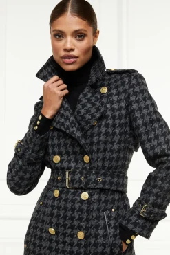 Holland Cooper Gifts For Her|Trench Coats-Full Length Chelsea Trench Coat Large Scale Charcoal Houndstooth