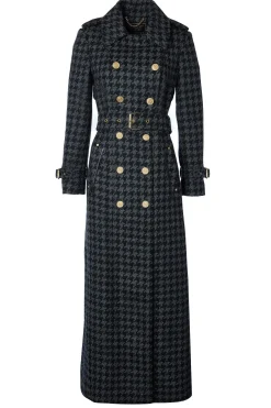 Holland Cooper Gifts For Her|Trench Coats-Full Length Chelsea Trench Coat Large Scale Charcoal Houndstooth