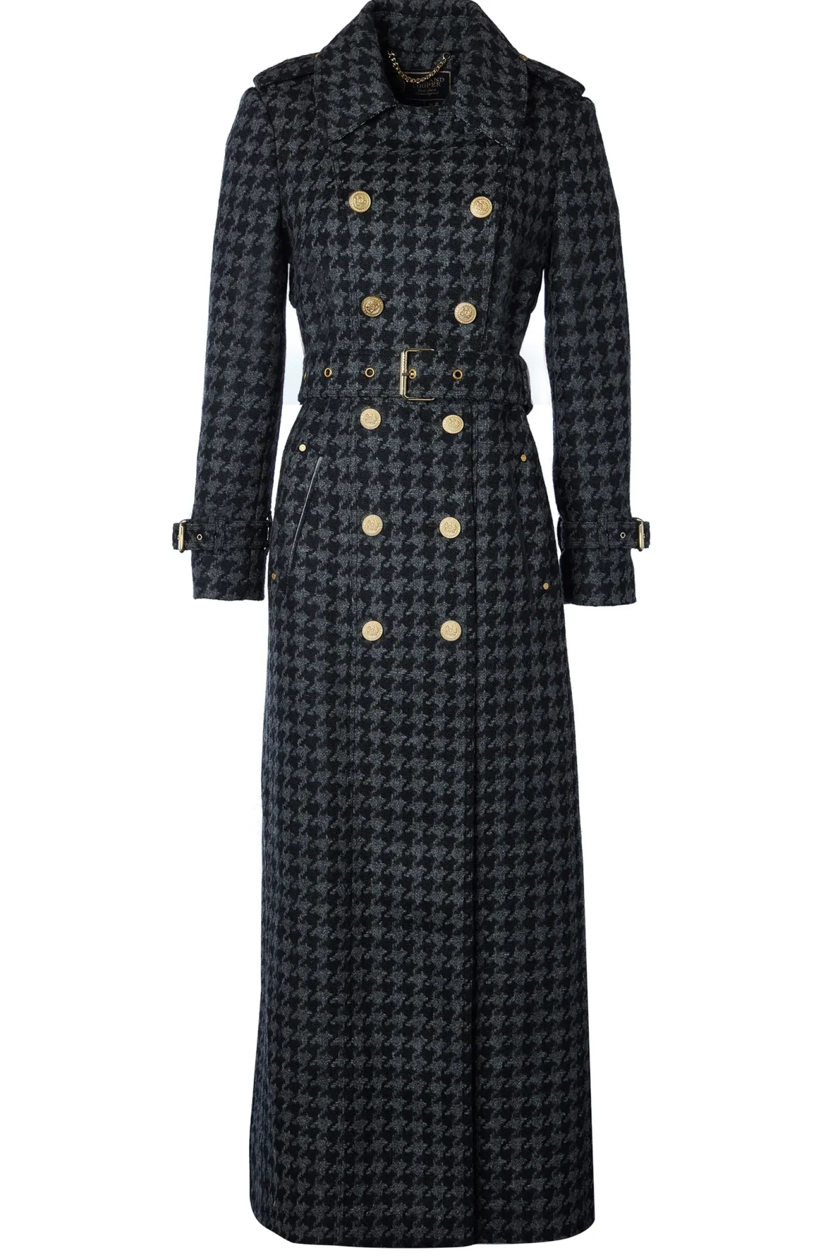 Holland Cooper Gifts For Her|Trench Coats-Full Length Chelsea Trench Coat Large Scale Charcoal Houndstooth