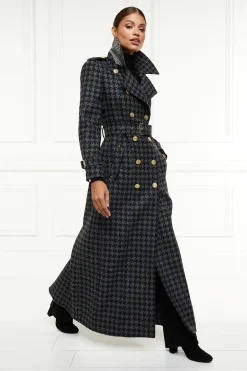 Holland Cooper Gifts For Her|Trench Coats-Full Length Chelsea Trench Coat Large Scale Charcoal Houndstooth