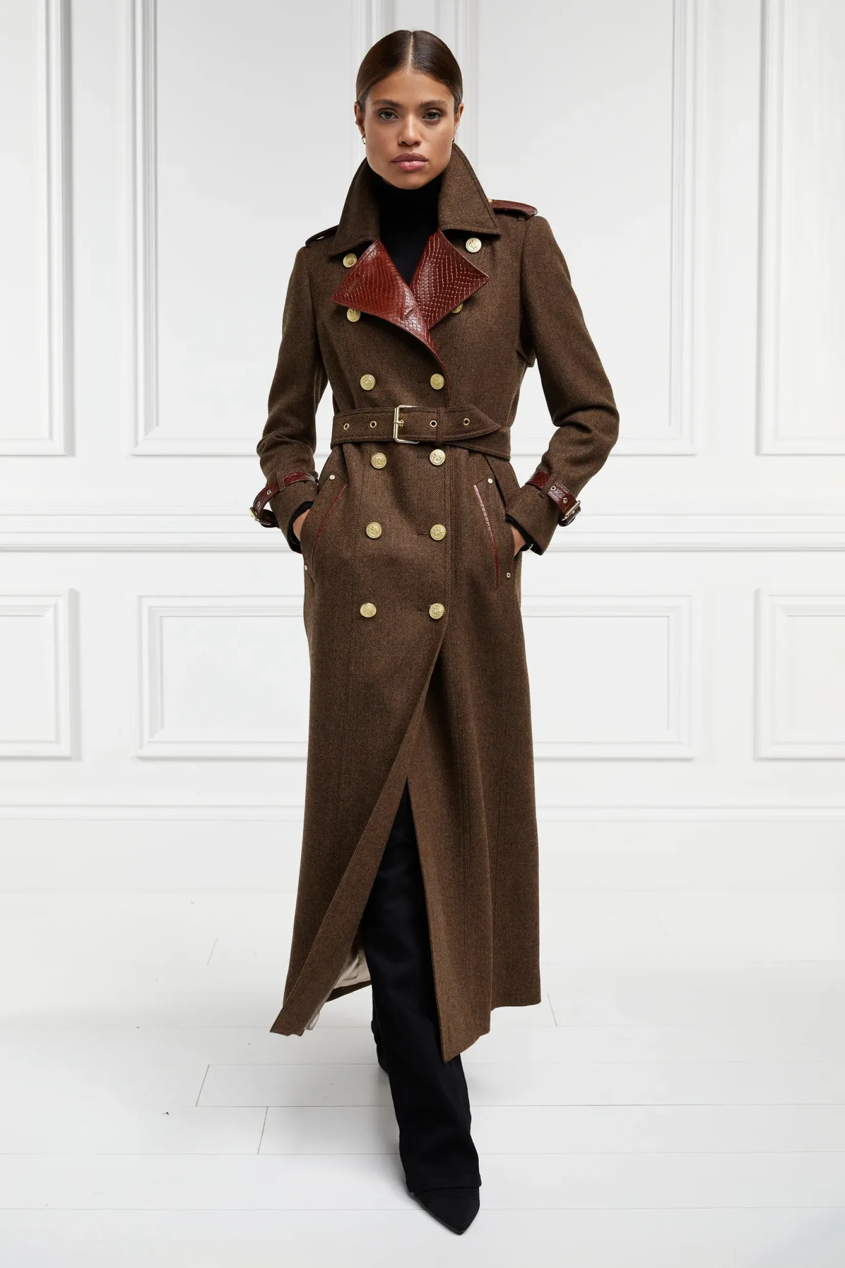 Holland Cooper Trench Coats-Full Length Chelsea Trench Coat Tobacco Herringbone