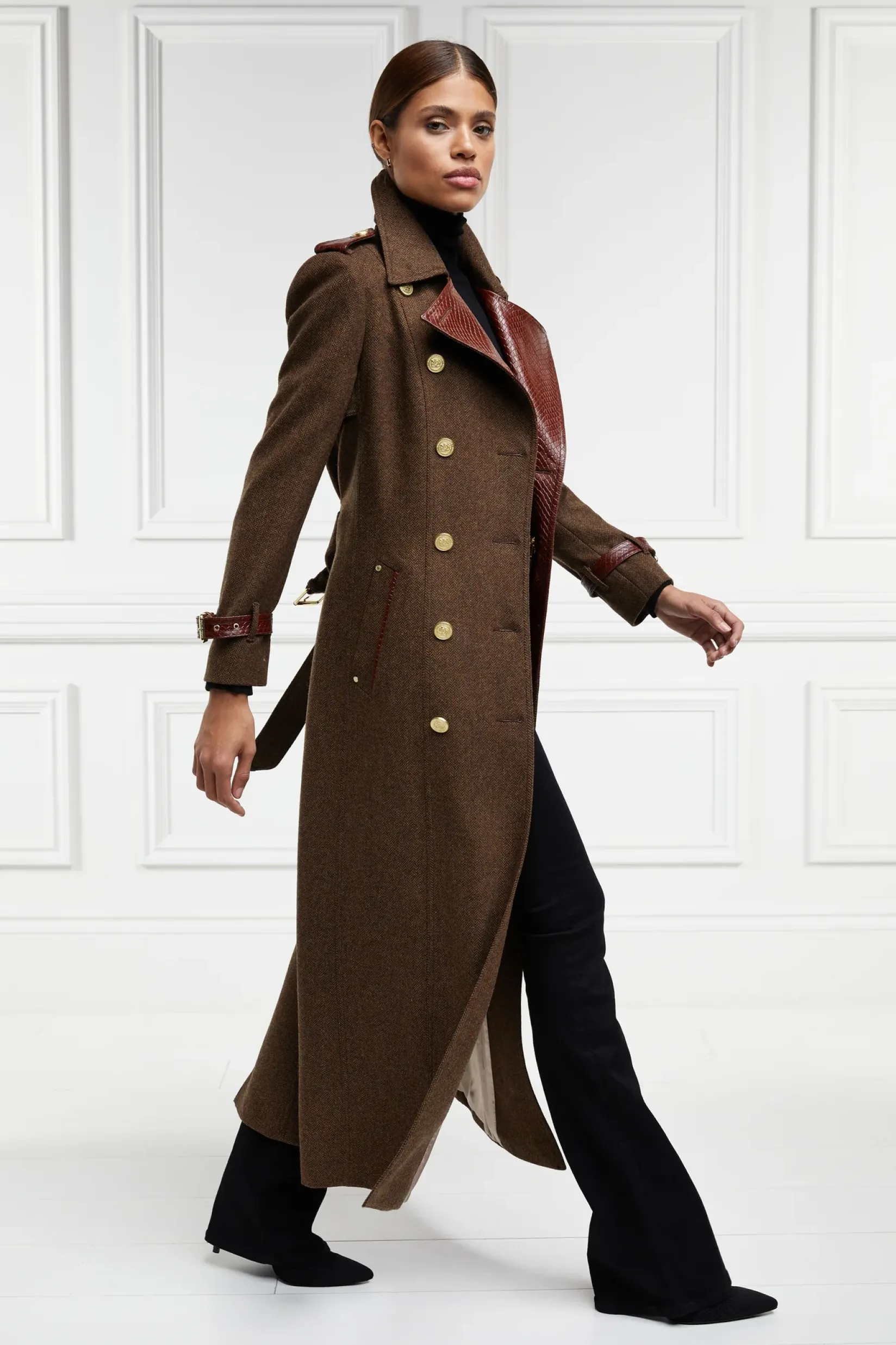 Holland Cooper Trench Coats-Full Length Chelsea Trench Coat Tobacco Herringbone