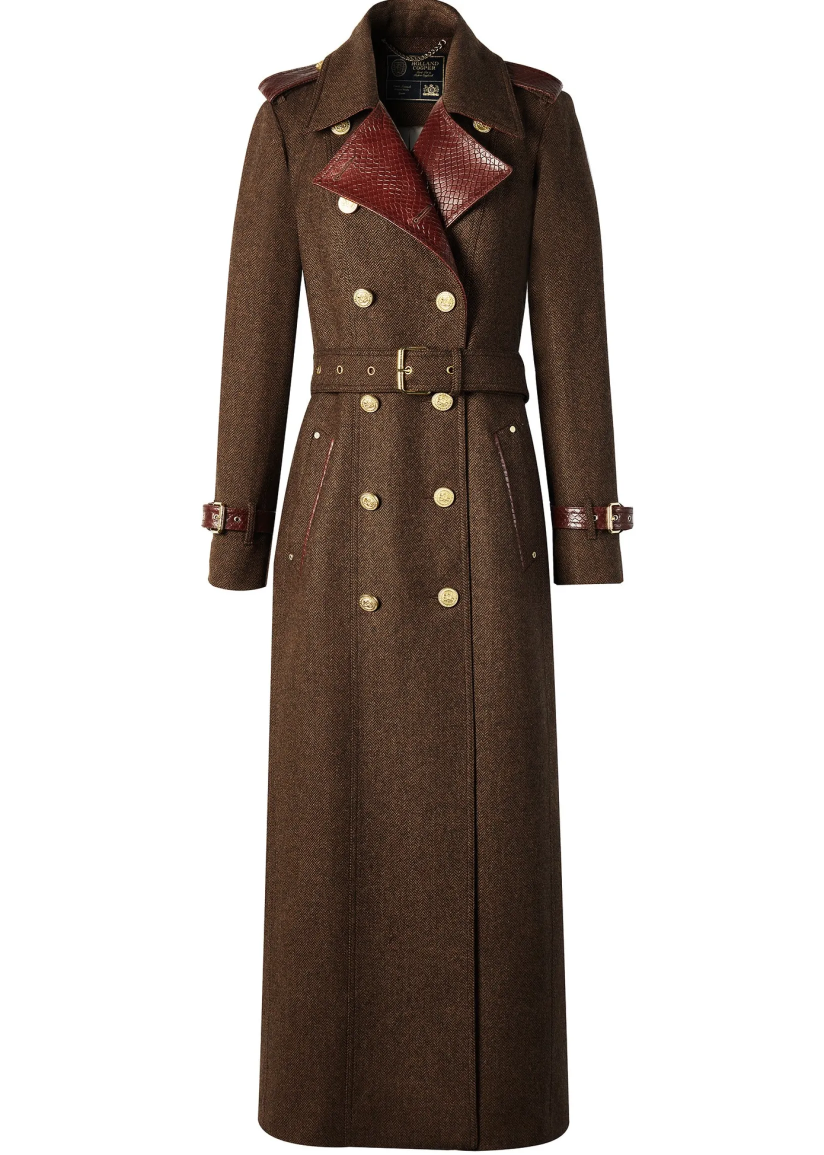 Holland Cooper Trench Coats-Full Length Chelsea Trench Coat Tobacco Herringbone