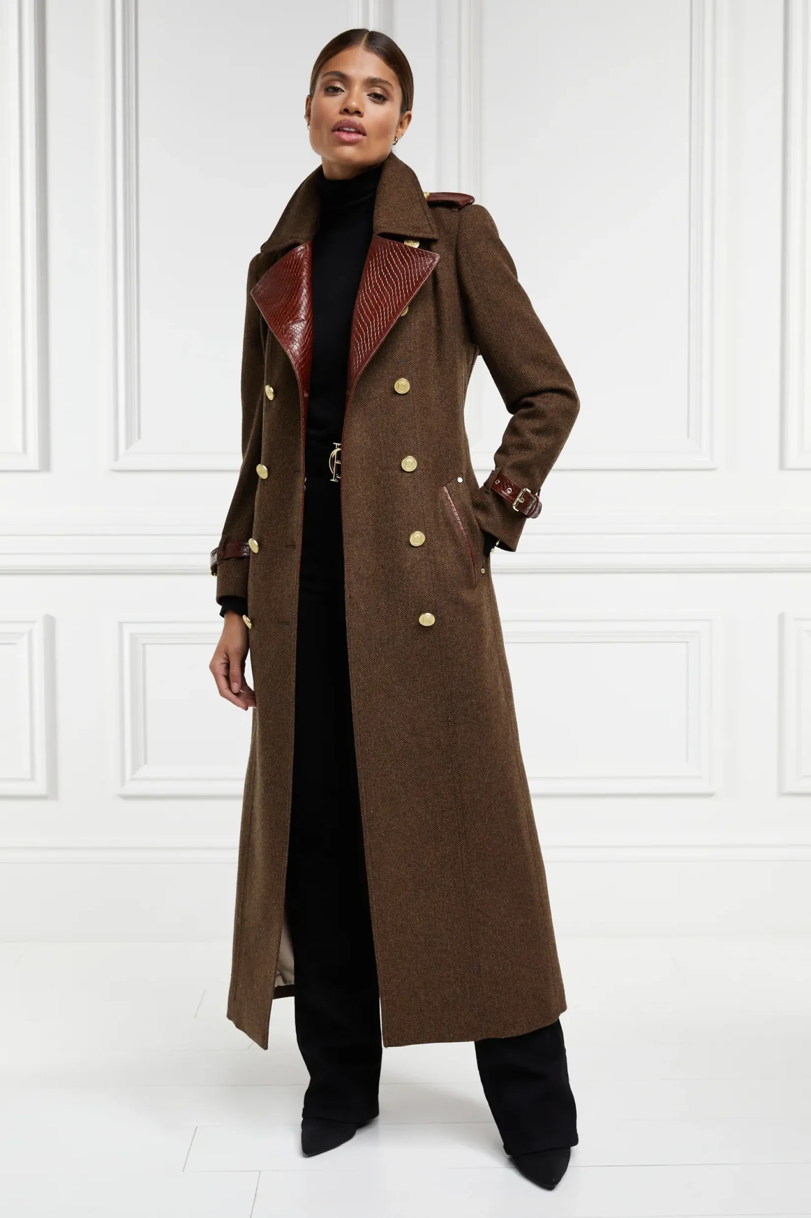 Holland Cooper Trench Coats-Full Length Chelsea Trench Coat Tobacco Herringbone