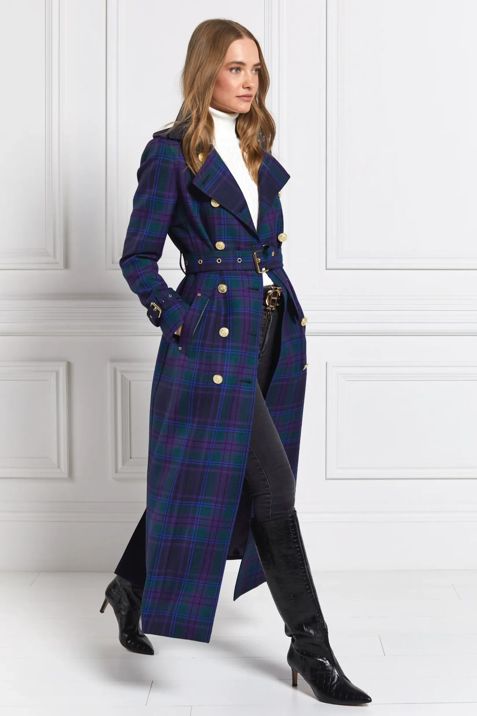 Holland Cooper Coats|In Stock Tailoring-Full Length Marlborough Trench Coat Heather Tartan
