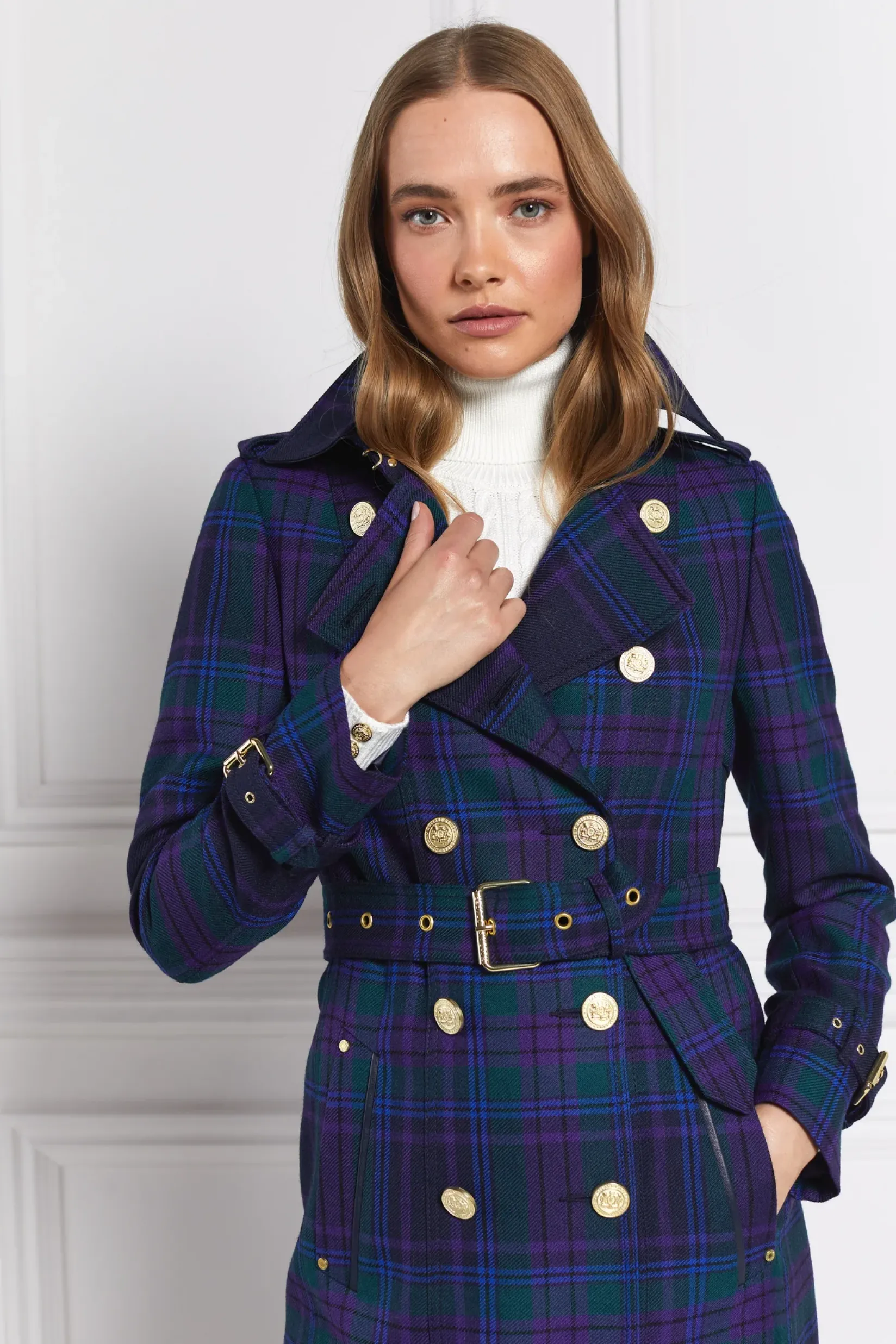 Holland Cooper Coats|In Stock Tailoring-Full Length Marlborough Trench Coat Heather Tartan