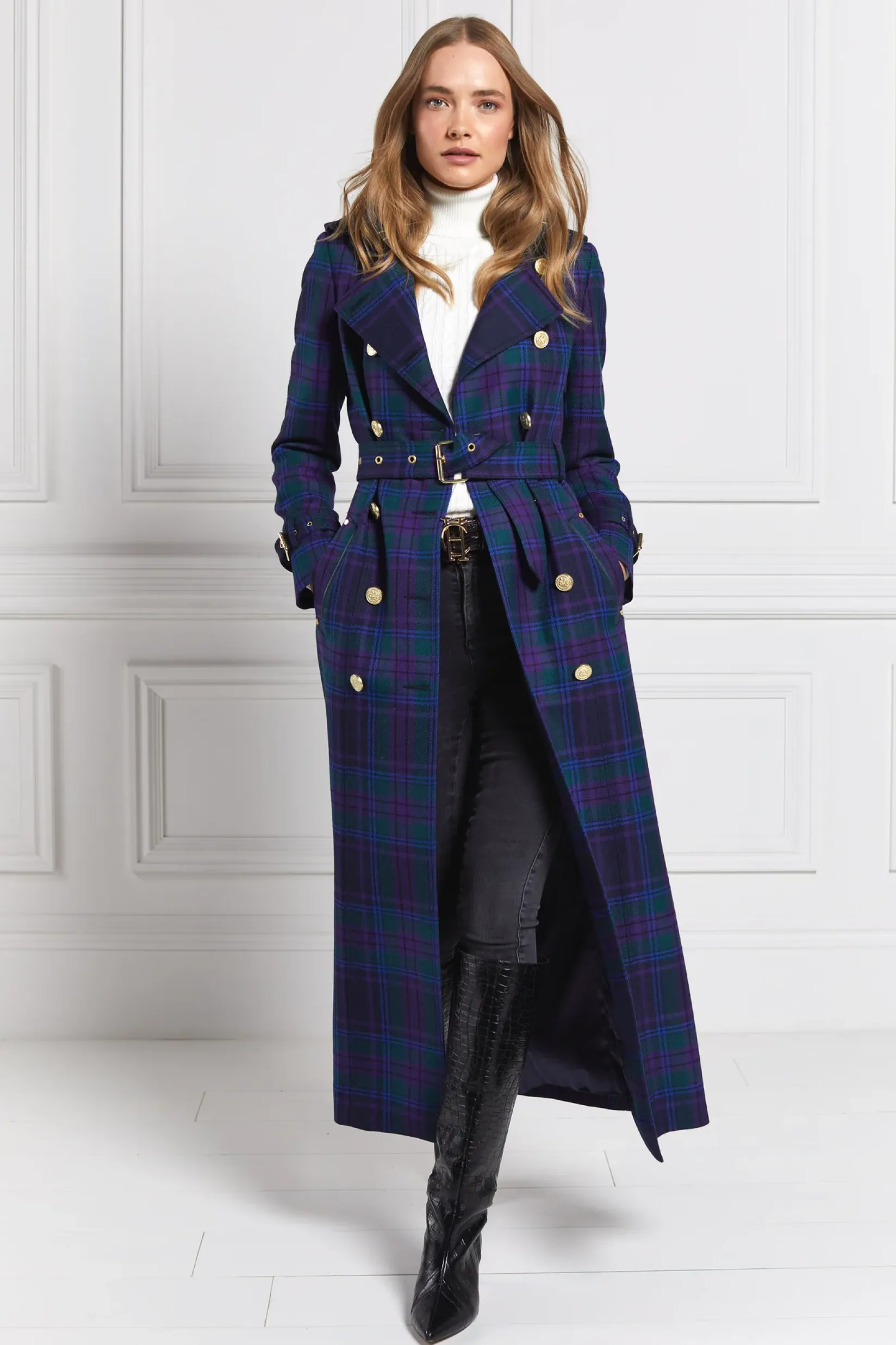 Holland Cooper Coats|In Stock Tailoring-Full Length Marlborough Trench Coat Heather Tartan
