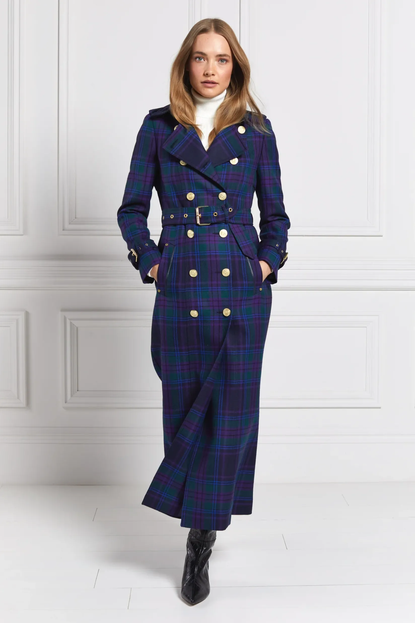 Holland Cooper Coats|In Stock Tailoring-Full Length Marlborough Trench Coat Heather Tartan