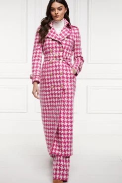 Holland Cooper Gifts For Her|Trench Coats-Full Length Marlborough Trench Coat Hot Pink Large Scale Houndstooth