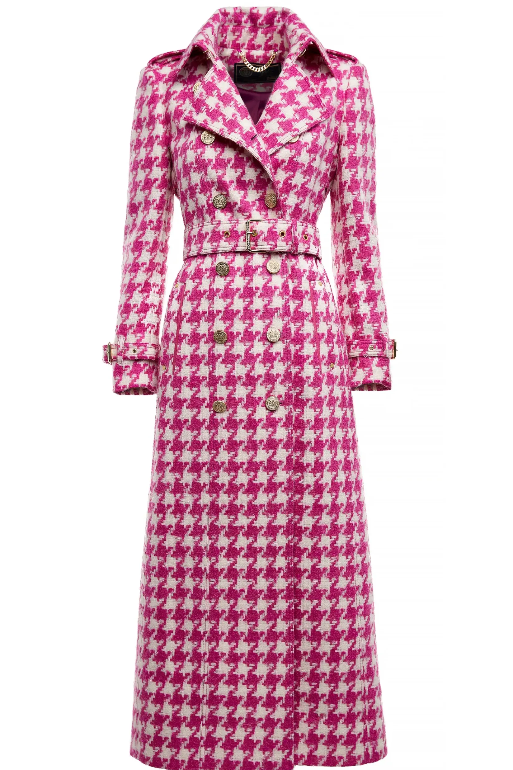 Holland Cooper Gifts For Her|Trench Coats-Full Length Marlborough Trench Coat Hot Pink Large Scale Houndstooth