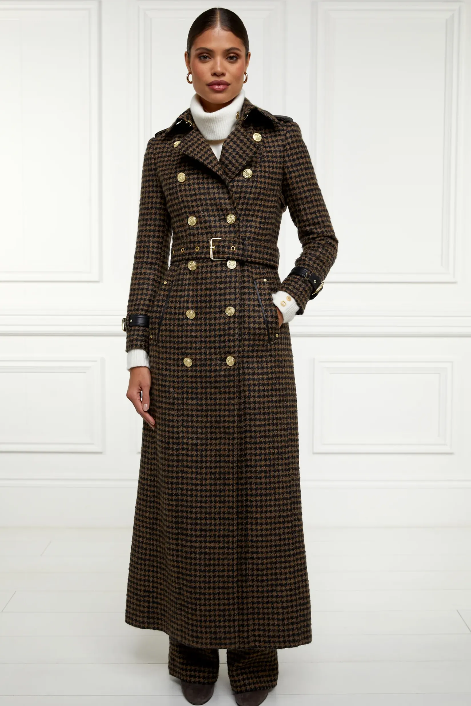 Holland Cooper Trench Coats|Coats-Full Length Marlborough Trench Coat Chocolate Houndstooth