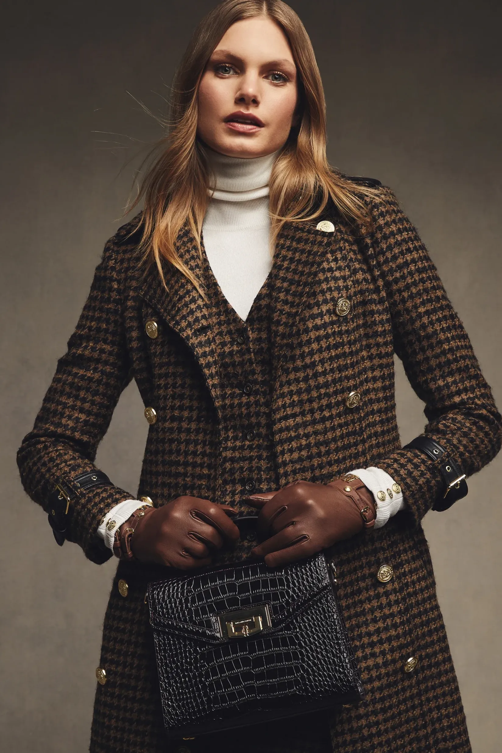 Holland Cooper Trench Coats|Coats-Full Length Marlborough Trench Coat Chocolate Houndstooth
