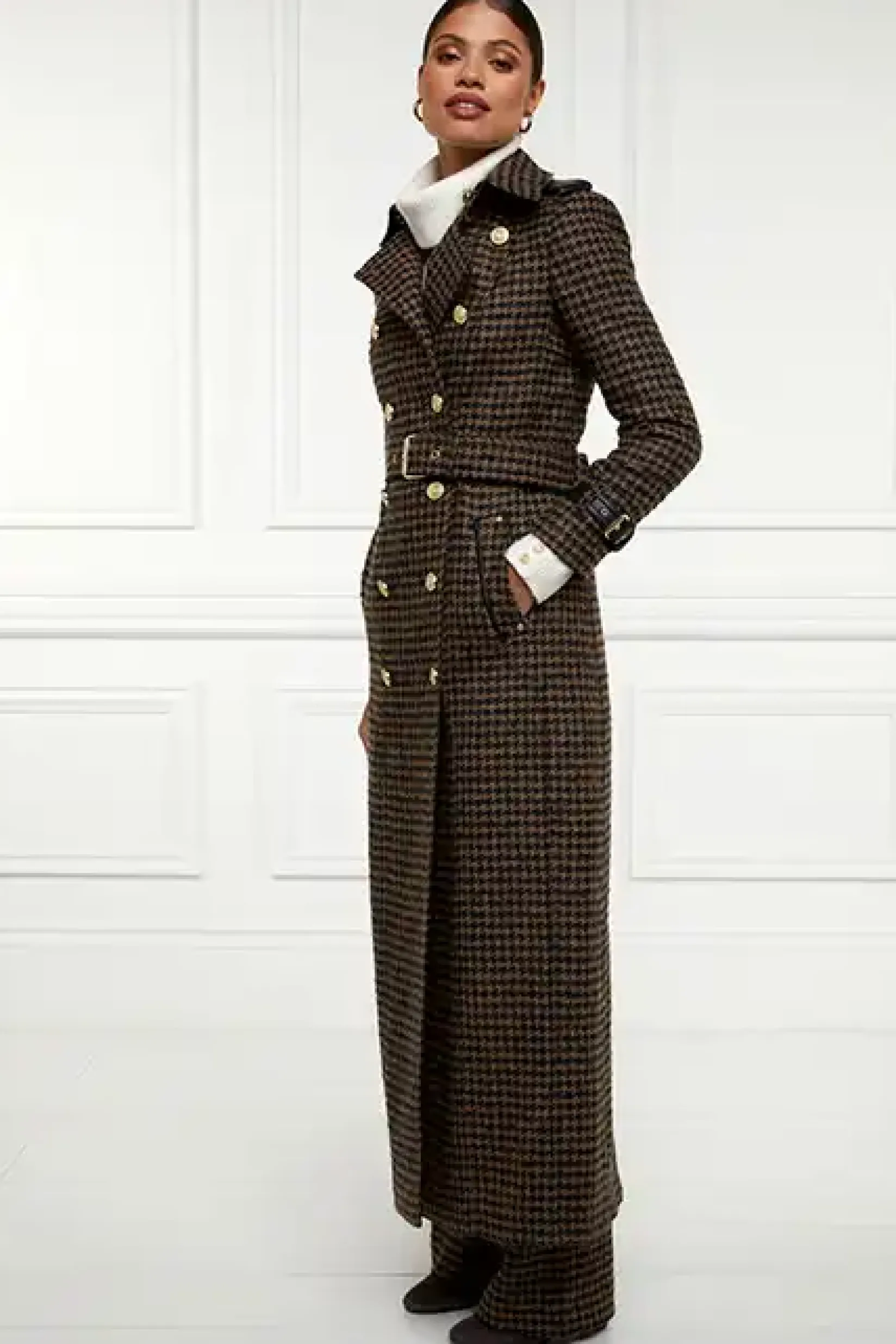 Holland Cooper Trench Coats|Coats-Full Length Marlborough Trench Coat Chocolate Houndstooth