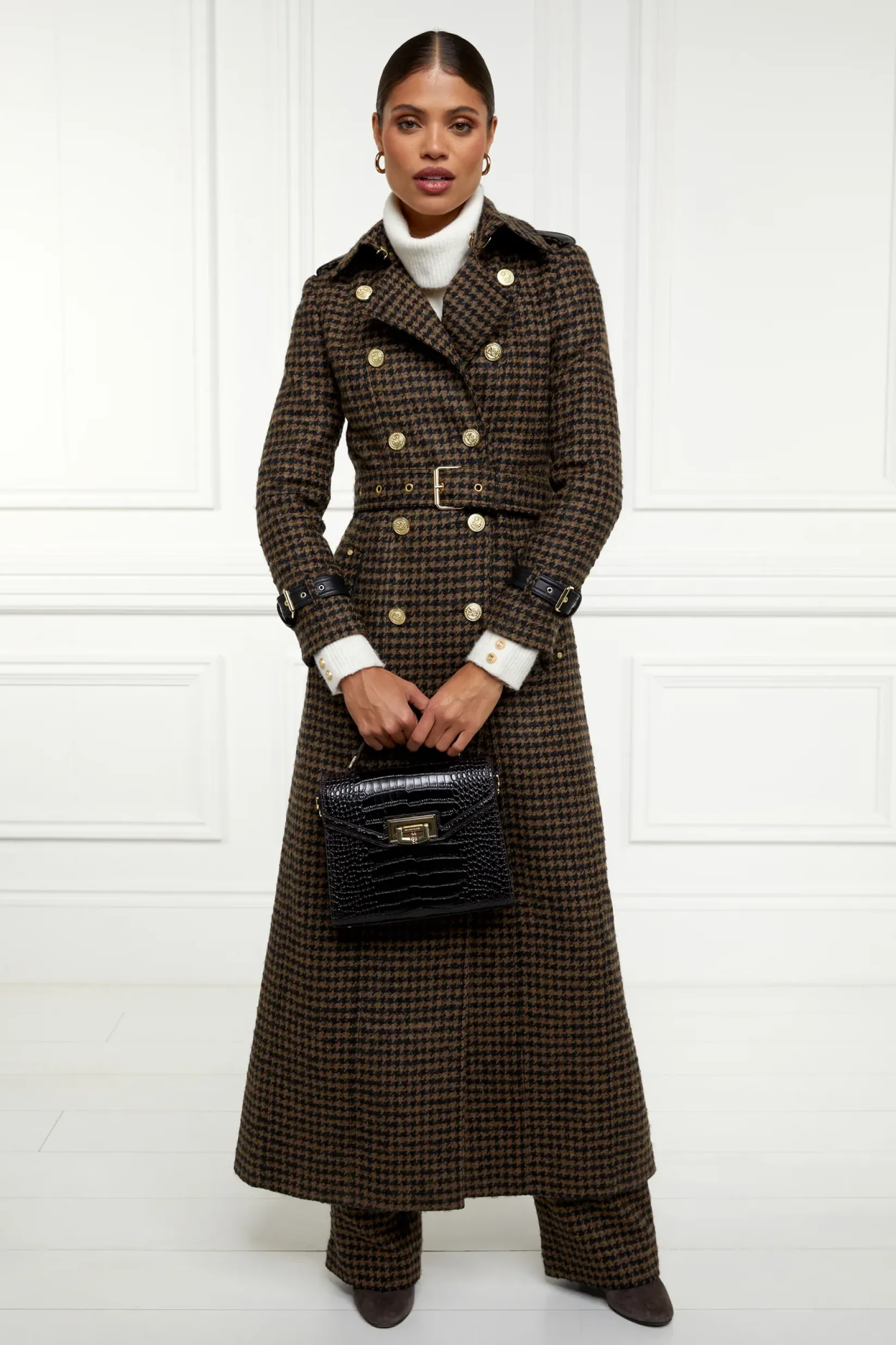 Holland Cooper Trench Coats|Coats-Full Length Marlborough Trench Coat Chocolate Houndstooth