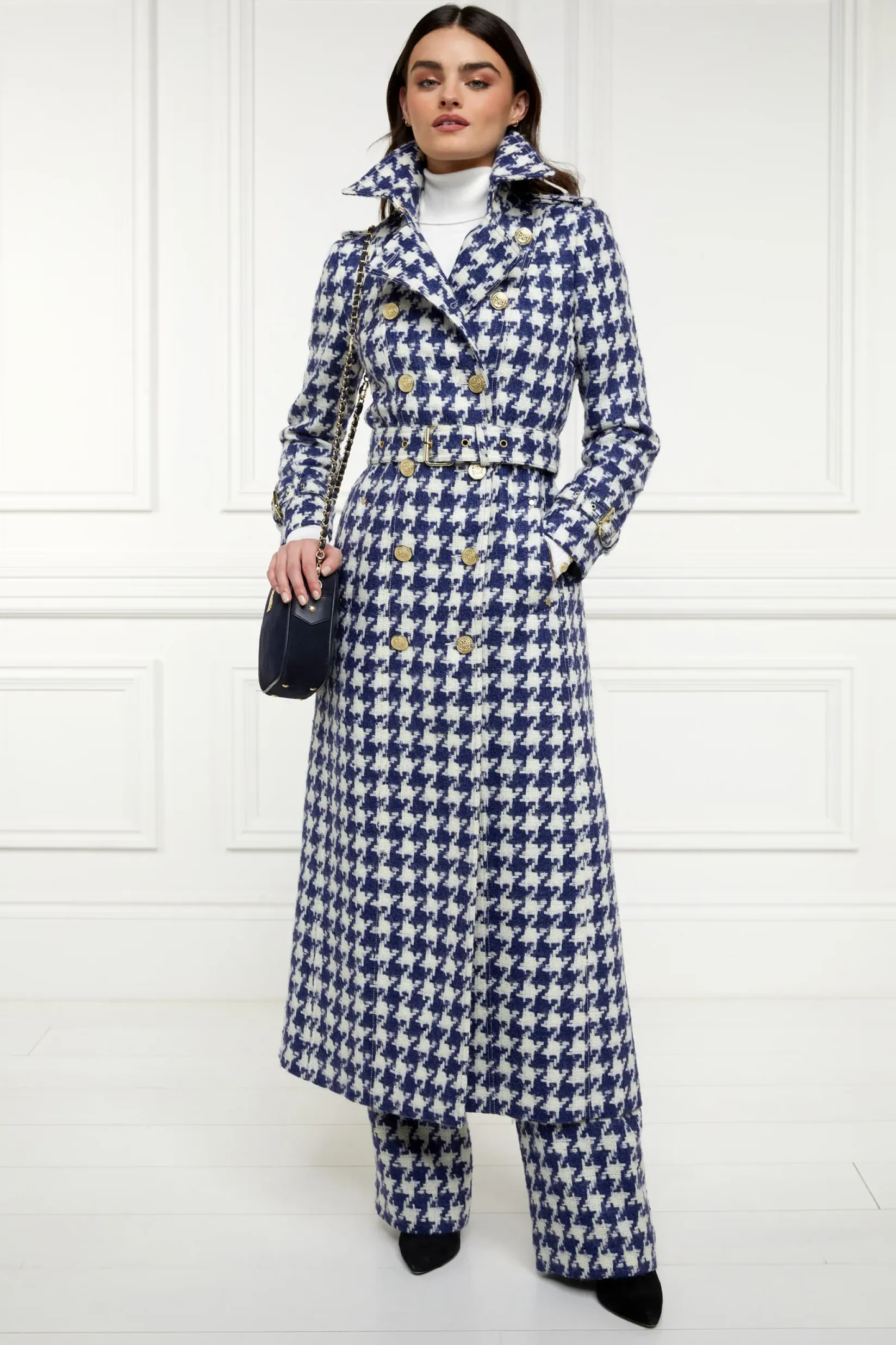 Holland Cooper Trench Coats|Coats-Full Length Marlborough Trench Coat Large Scale Navy Houndstooth