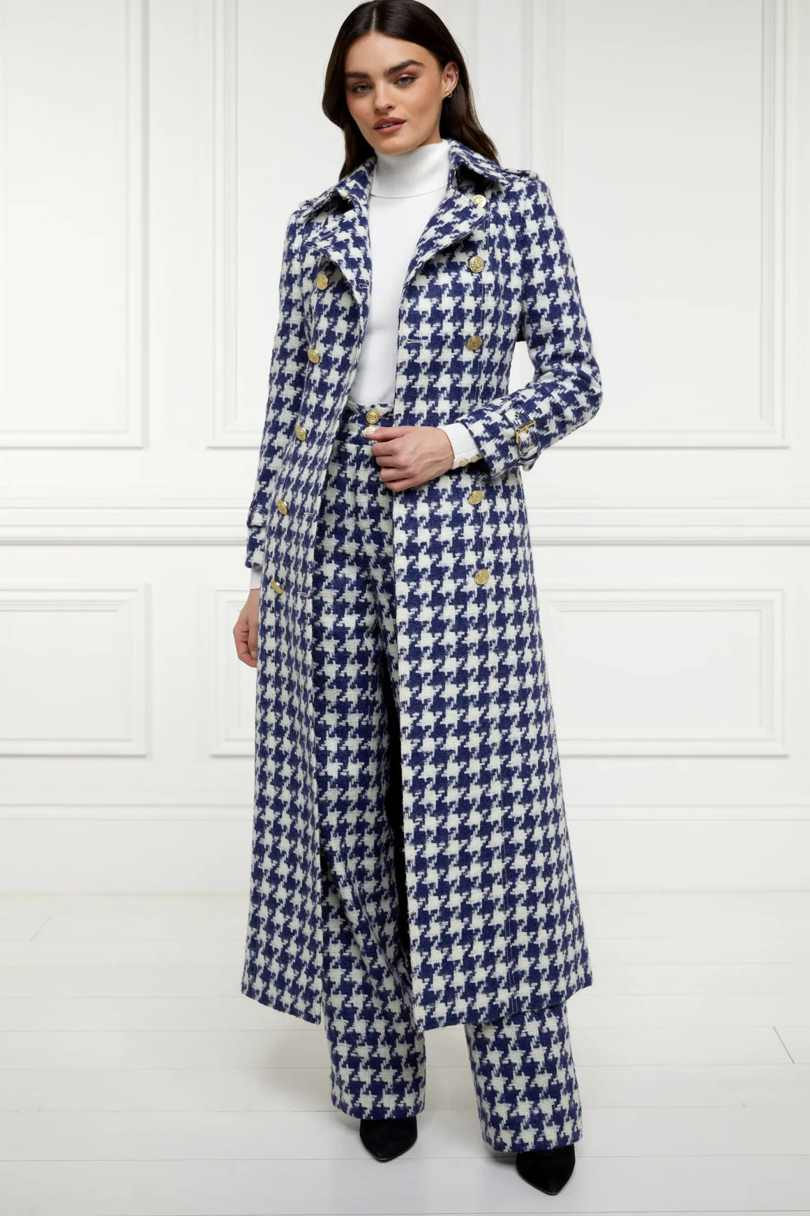 Holland Cooper Trench Coats|Coats-Full Length Marlborough Trench Coat Large Scale Navy Houndstooth