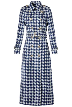 Holland Cooper Trench Coats|Coats-Full Length Marlborough Trench Coat Large Scale Navy Houndstooth