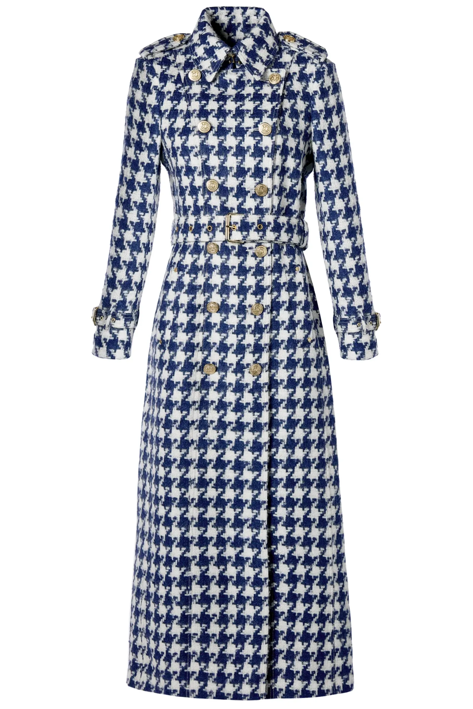 Holland Cooper Trench Coats|Coats-Full Length Marlborough Trench Coat Large Scale Navy Houndstooth