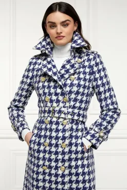 Holland Cooper Trench Coats|Coats-Full Length Marlborough Trench Coat Large Scale Navy Houndstooth