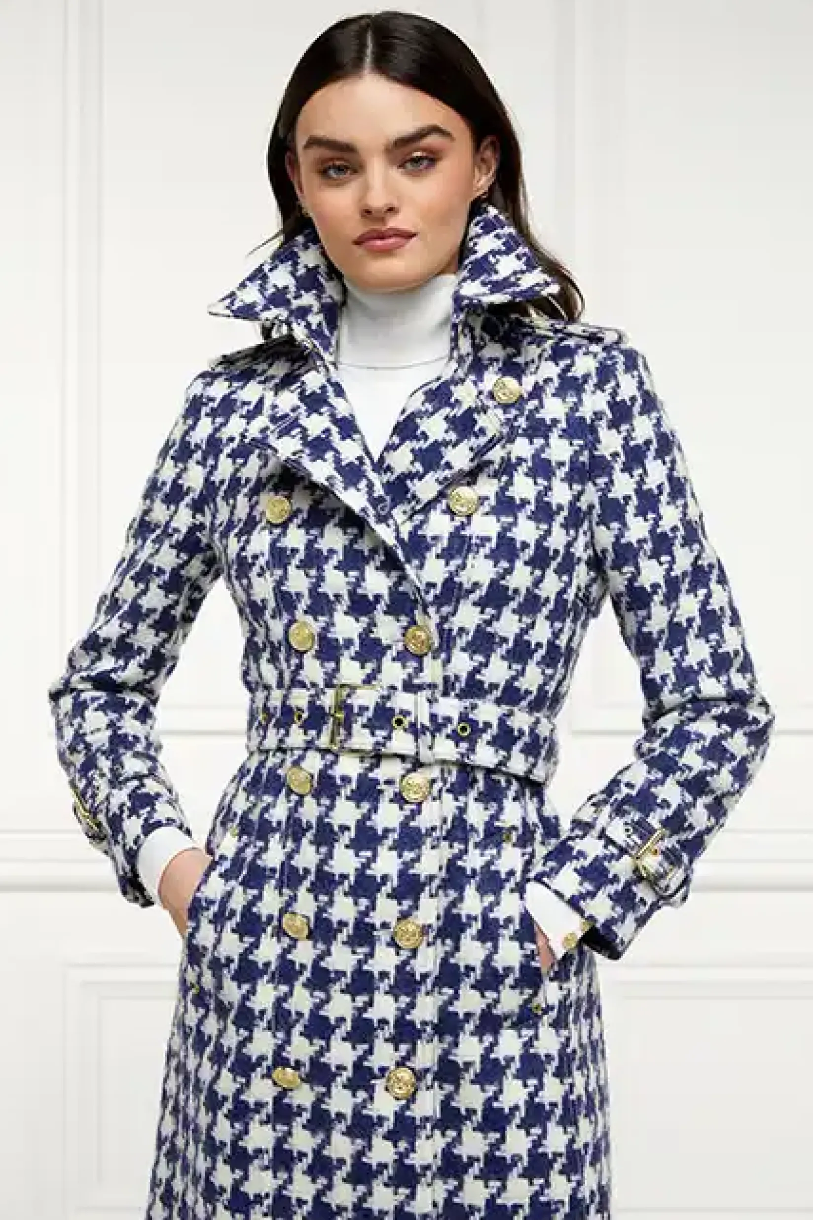 Holland Cooper Trench Coats|Coats-Full Length Marlborough Trench Coat Large Scale Navy Houndstooth