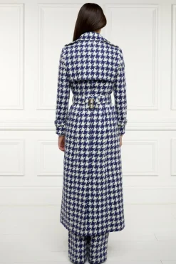 Holland Cooper Trench Coats|Coats-Full Length Marlborough Trench Coat Large Scale Navy Houndstooth