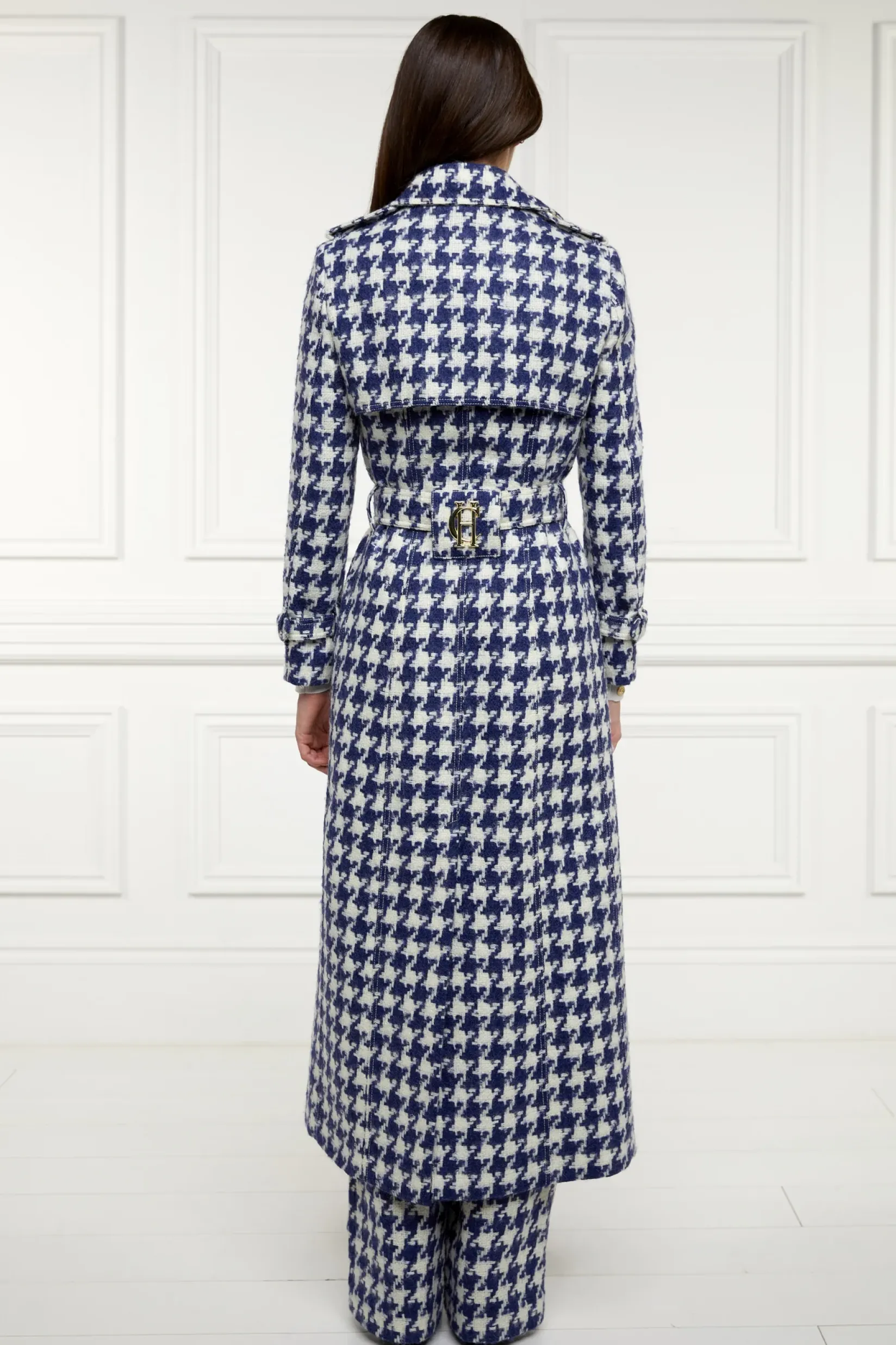 Holland Cooper Trench Coats|Coats-Full Length Marlborough Trench Coat Large Scale Navy Houndstooth