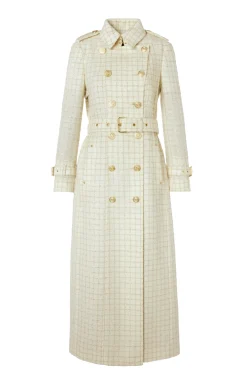 Holland Cooper Trench Coats|Coats-Full Length Marlborough Trench Coat Ivory Sparkle Tweed