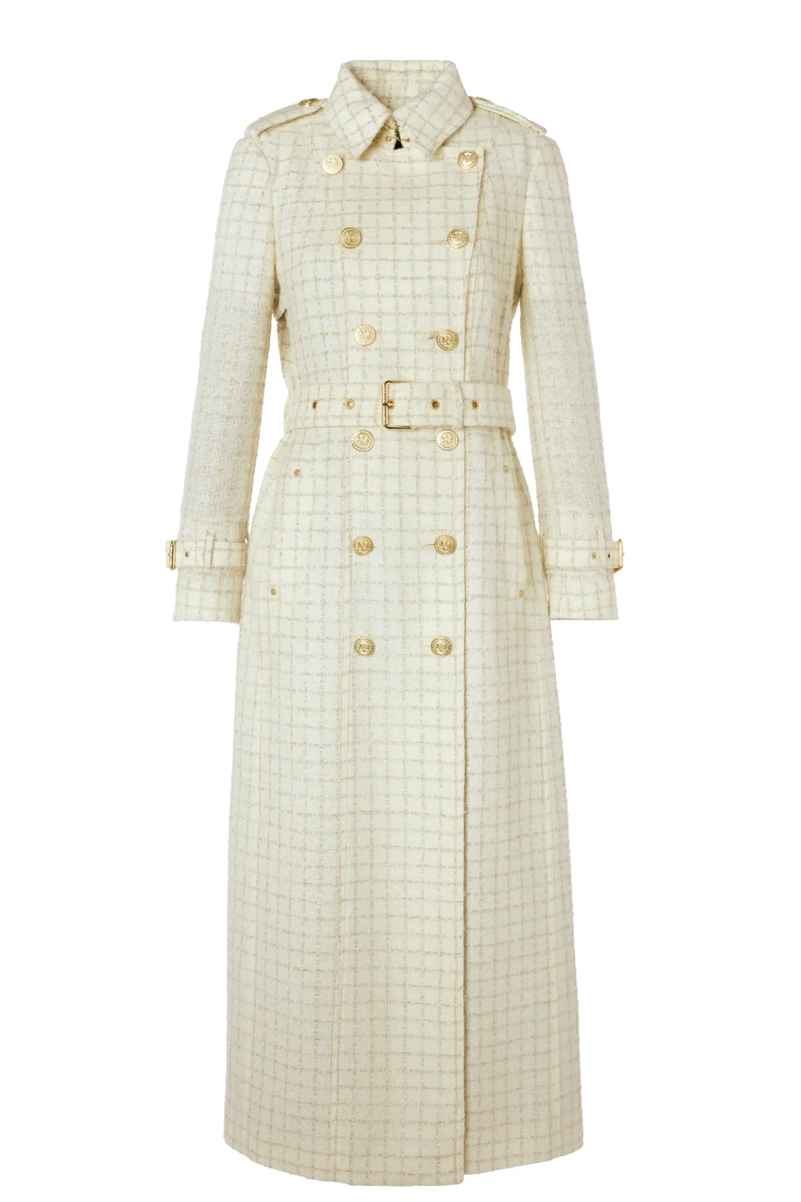 Holland Cooper Trench Coats|Coats-Full Length Marlborough Trench Coat Ivory Sparkle Tweed