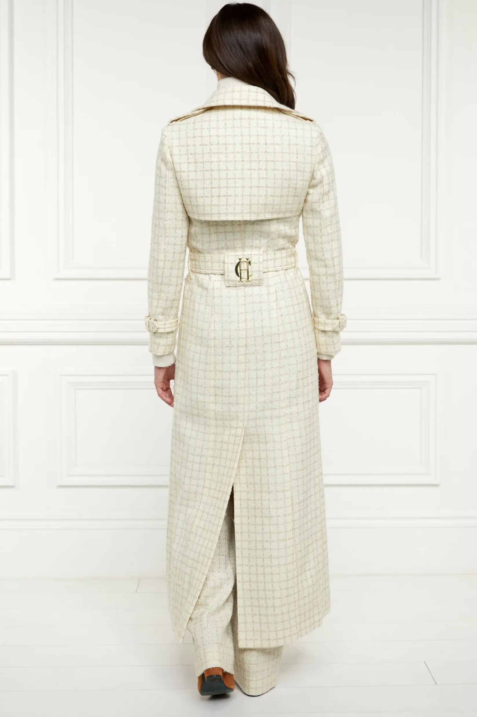 Holland Cooper Trench Coats|Coats-Full Length Marlborough Trench Coat Ivory Sparkle Tweed