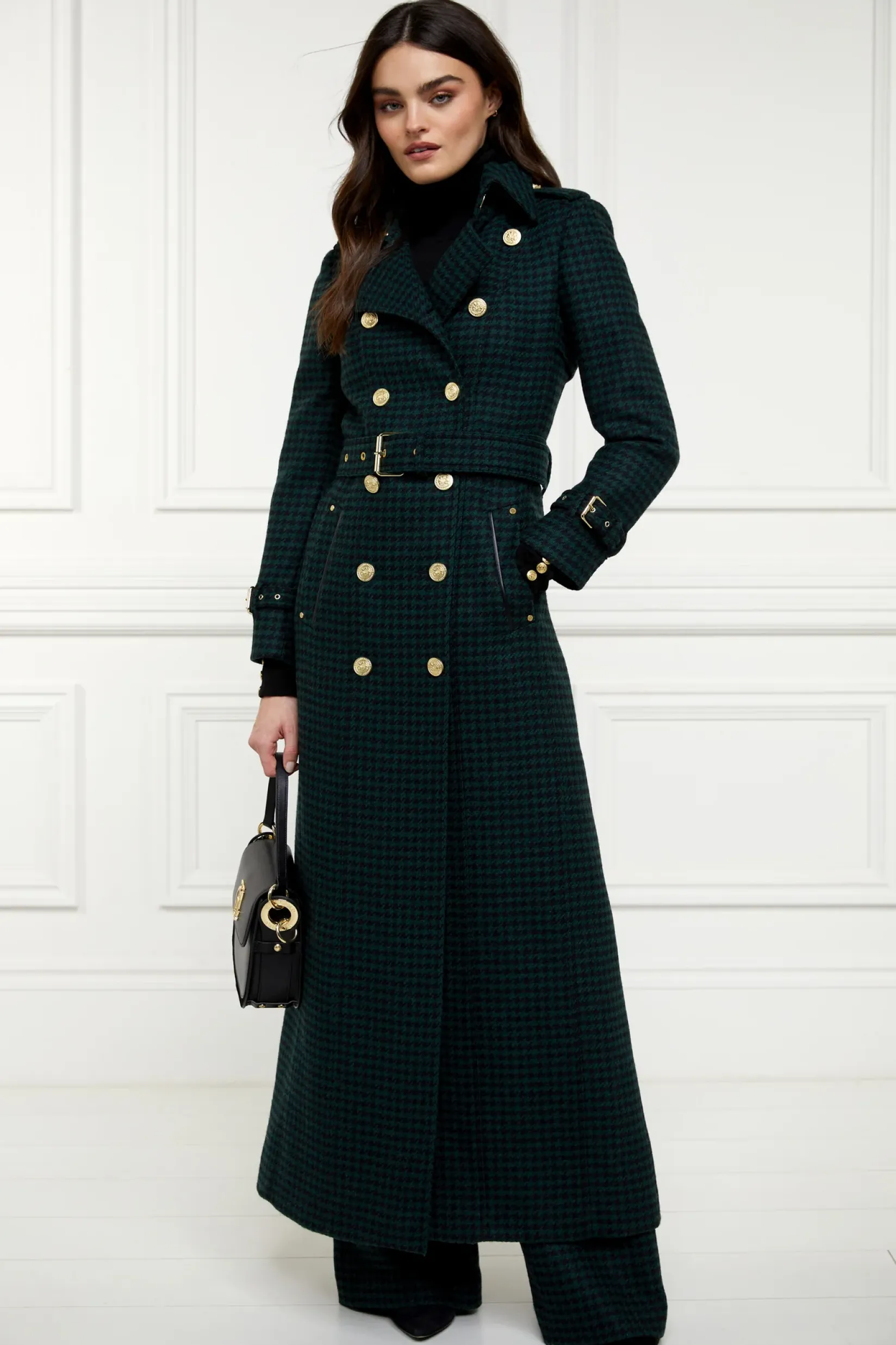 Holland Cooper Trench Coats|Coats-Full Length Marlborough Trench Coat Emerald Houndstooth