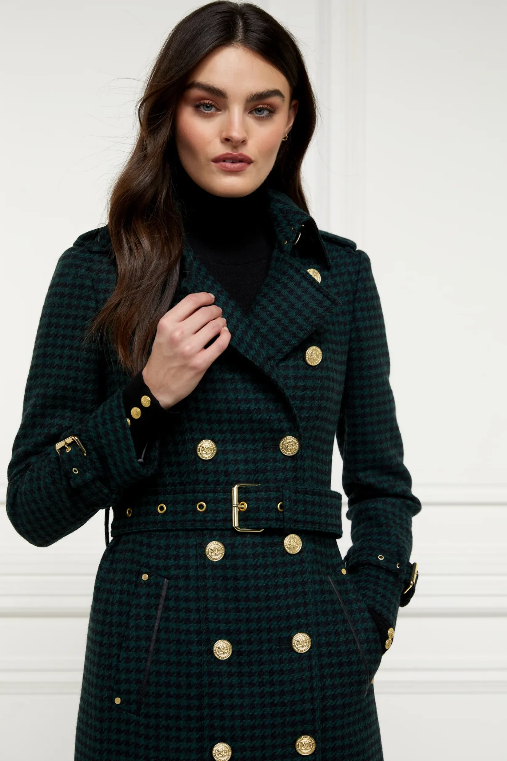 Holland Cooper Trench Coats|Coats-Full Length Marlborough Trench Coat Emerald Houndstooth
