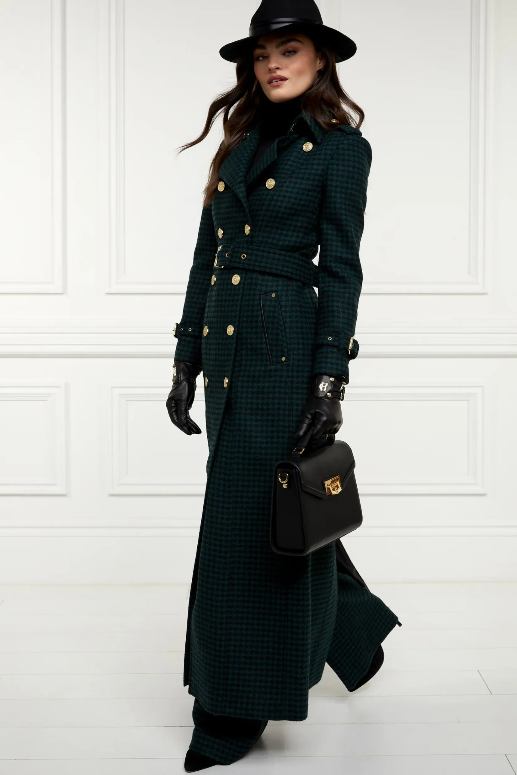 Holland Cooper Trench Coats|Coats-Full Length Marlborough Trench Coat Emerald Houndstooth