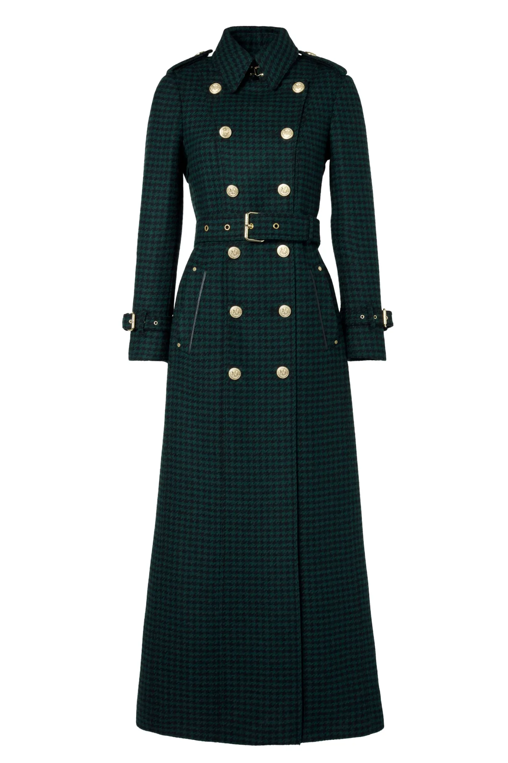 Holland Cooper Trench Coats|Coats-Full Length Marlborough Trench Coat Emerald Houndstooth