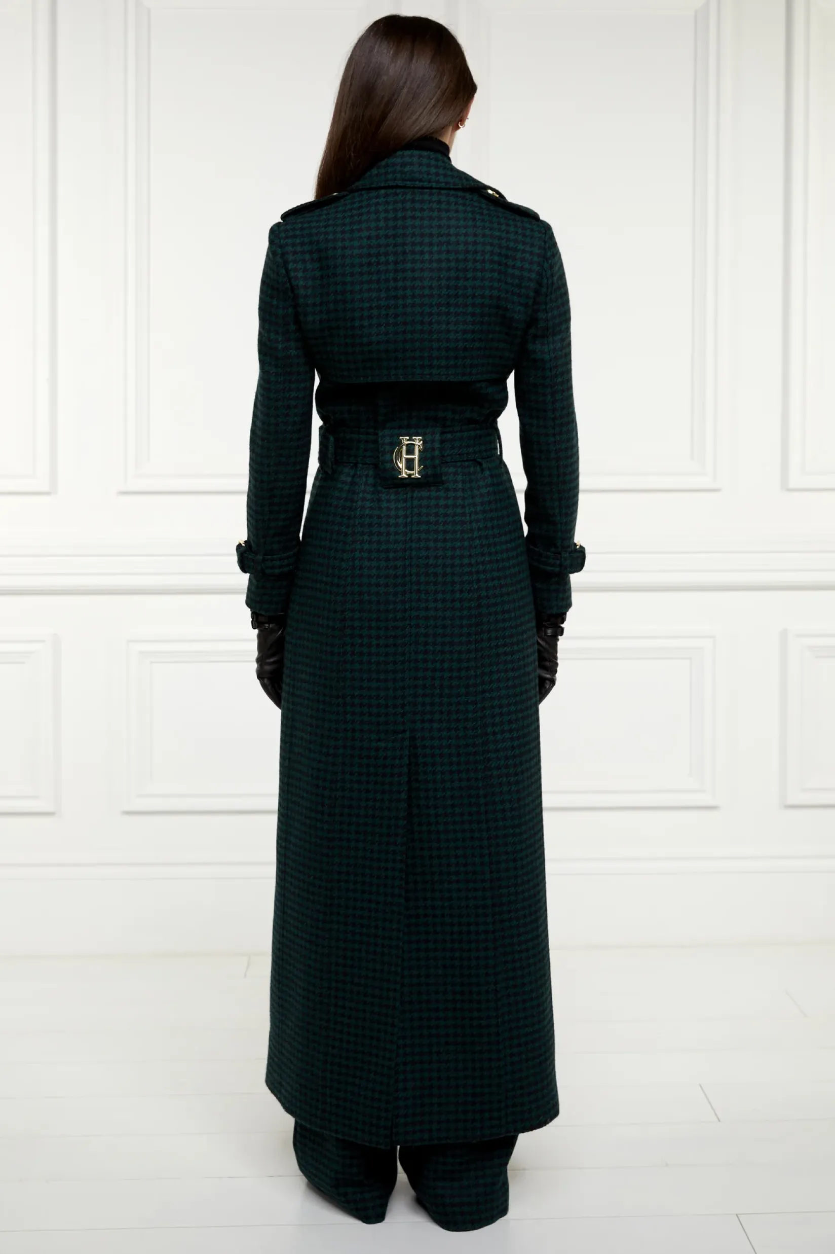 Holland Cooper Trench Coats|Coats-Full Length Marlborough Trench Coat Emerald Houndstooth