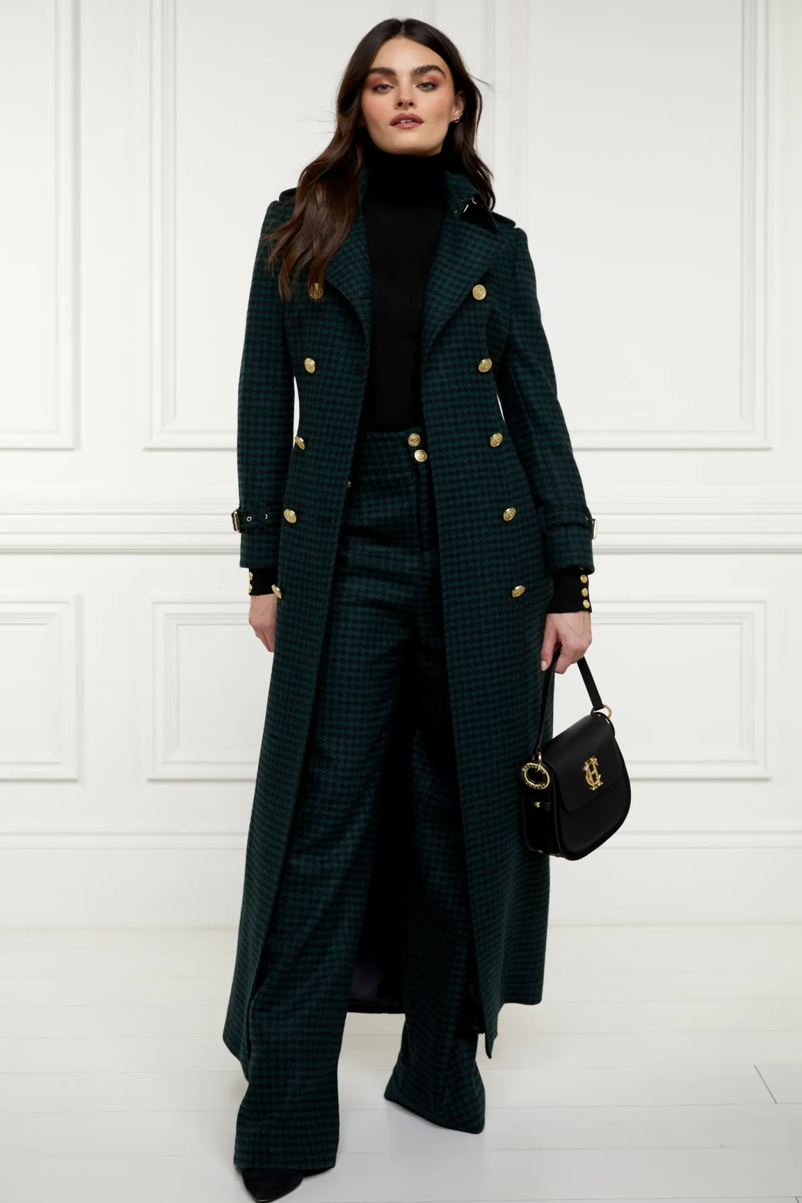 Holland Cooper Trench Coats|Coats-Full Length Marlborough Trench Coat Emerald Houndstooth