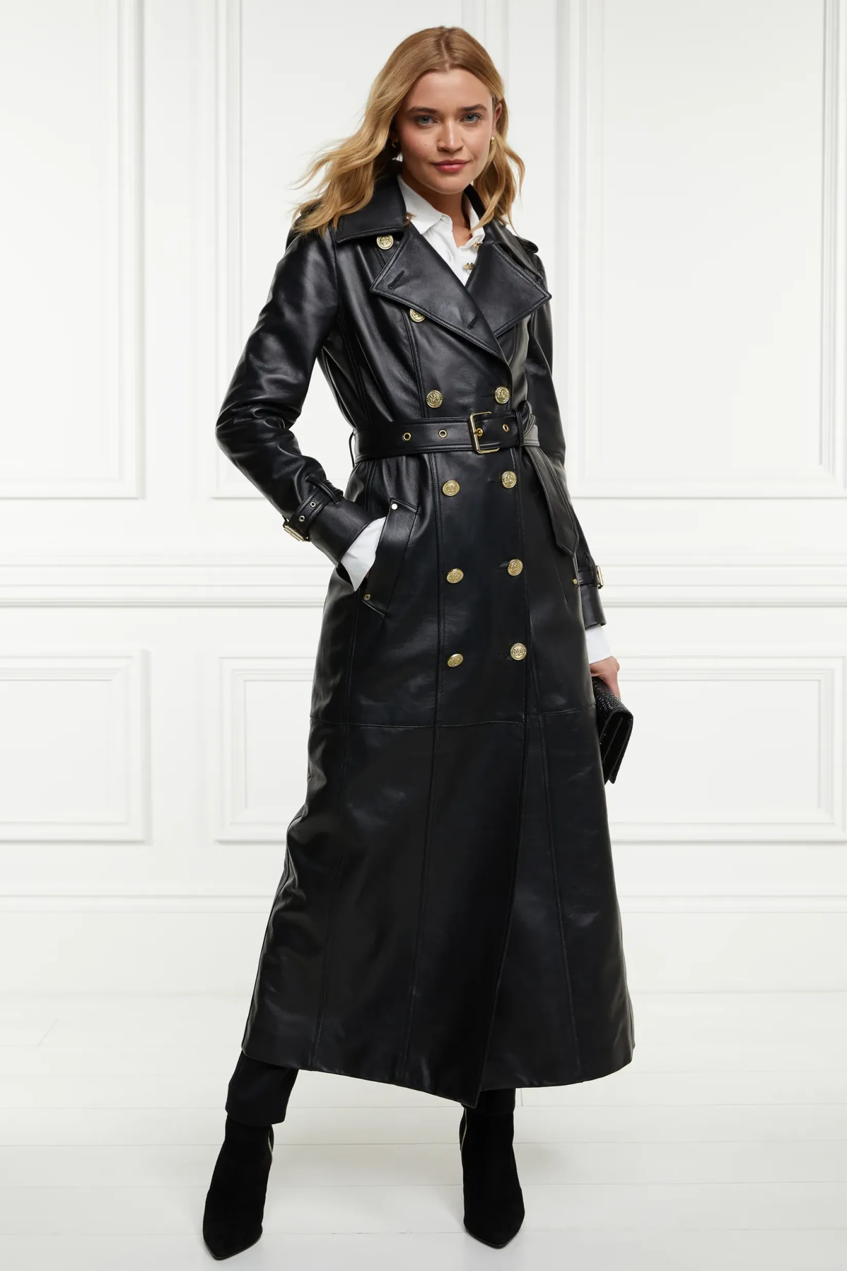 Holland Cooper Trench Coats|Coats-Full Length Marlborough Trench Coat Valencia Leather Black