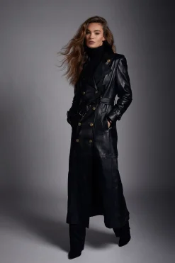 Holland Cooper Trench Coats|Coats-Full Length Marlborough Trench Coat Valencia Leather Black
