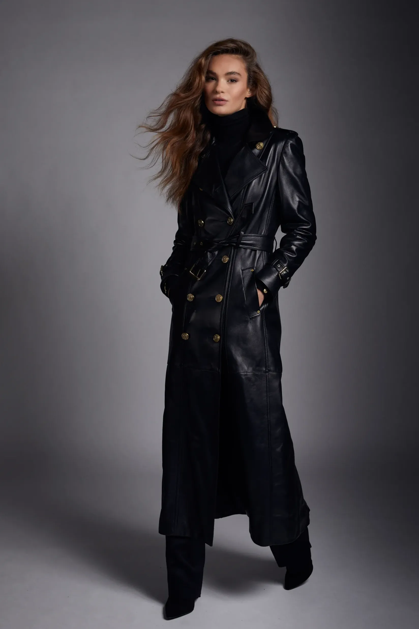 Holland Cooper Trench Coats|Coats-Full Length Marlborough Trench Coat Valencia Leather Black
