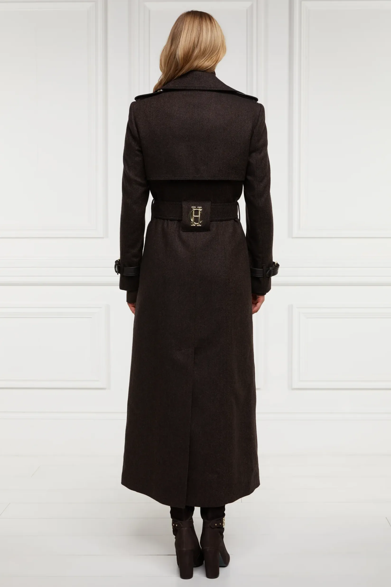 Holland Cooper Trench Coats|Coats-Full Length Marlborough Trench Coat Chocolate Herringbone