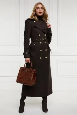 Holland Cooper Trench Coats|Coats-Full Length Marlborough Trench Coat Chocolate Herringbone