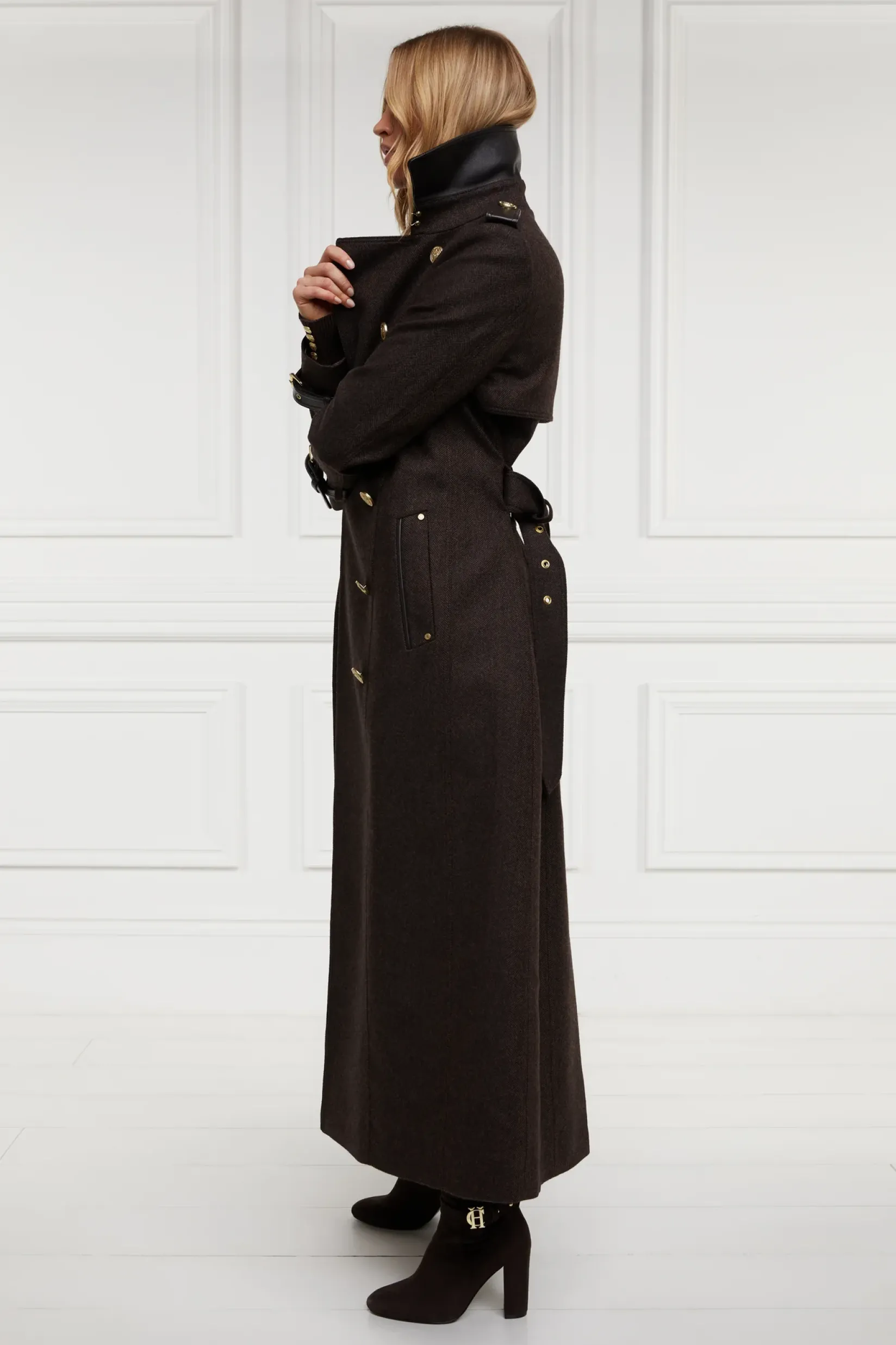 Holland Cooper Trench Coats|Coats-Full Length Marlborough Trench Coat Chocolate Herringbone