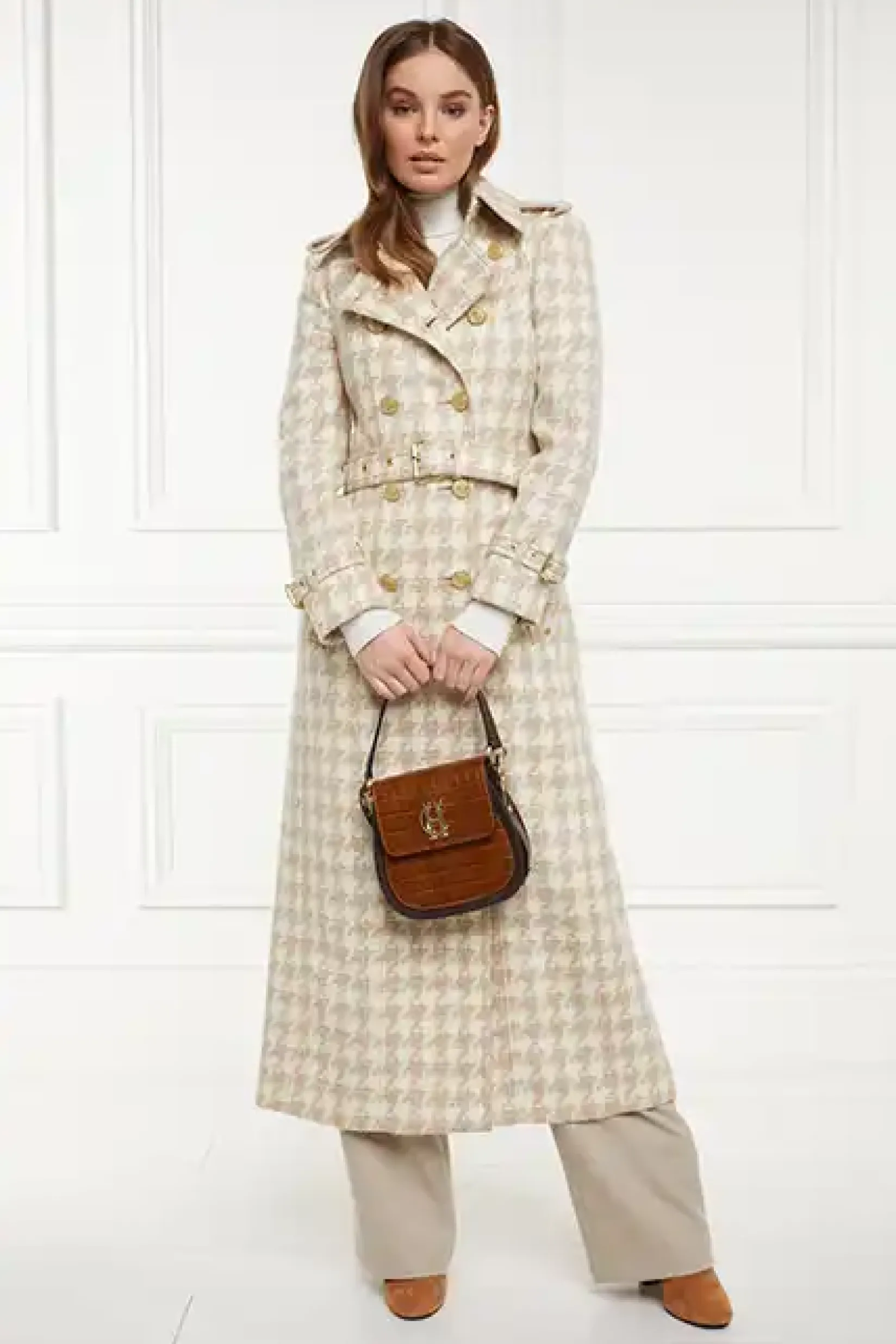 Holland Cooper Trench Coats|Coats-Full Length Marlborough Trench Coat Camel Houndstooth