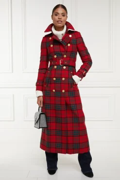 Holland Cooper Trench Coats|Coats-Full Length Marlborough Trench Coat Red Tartan