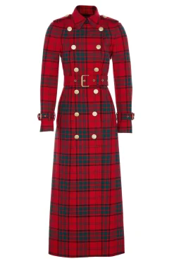 Holland Cooper Trench Coats|Coats-Full Length Marlborough Trench Coat Red Tartan