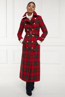 Holland Cooper Trench Coats|Coats-Full Length Marlborough Trench Coat Red Tartan