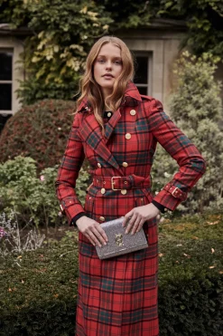 Holland Cooper Trench Coats|Coats-Full Length Marlborough Trench Coat Red Tartan