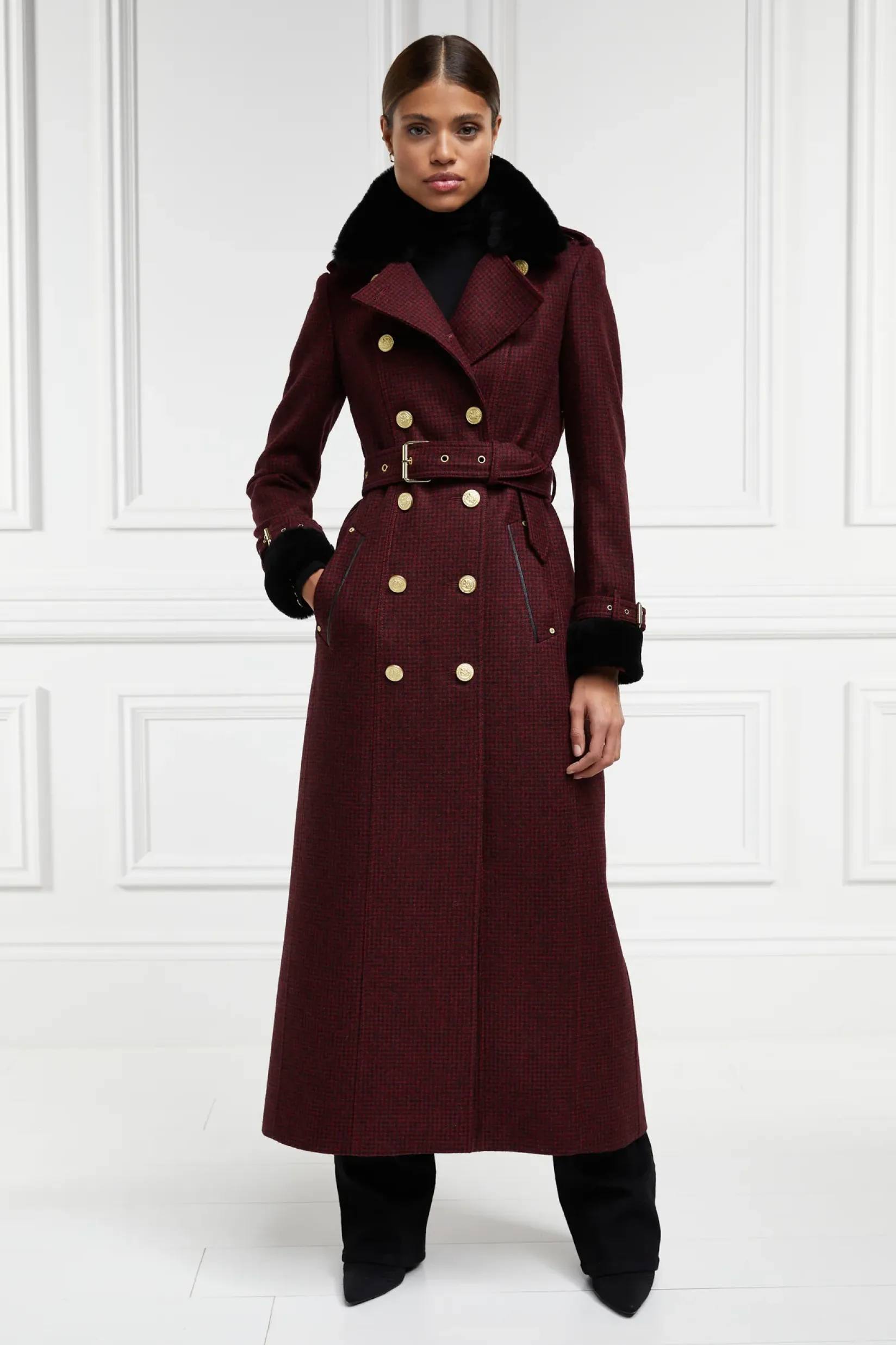 Holland Cooper Trench Coats|Coats-Gold Label Trench Deep Red Houndstooth
