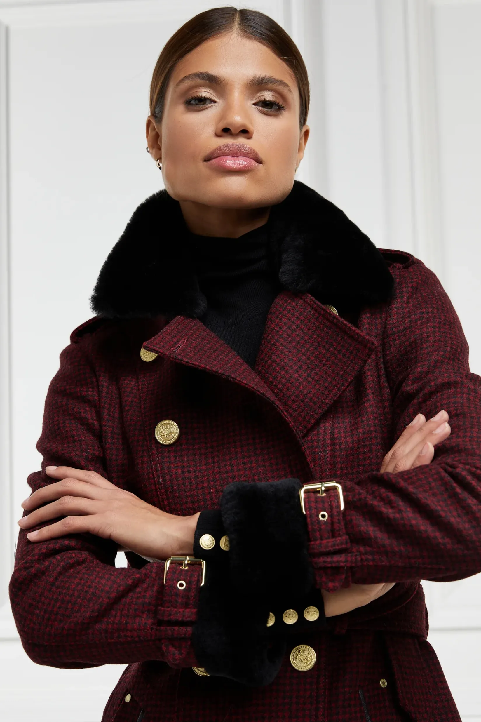 Holland Cooper Trench Coats|Coats-Gold Label Trench Deep Red Houndstooth